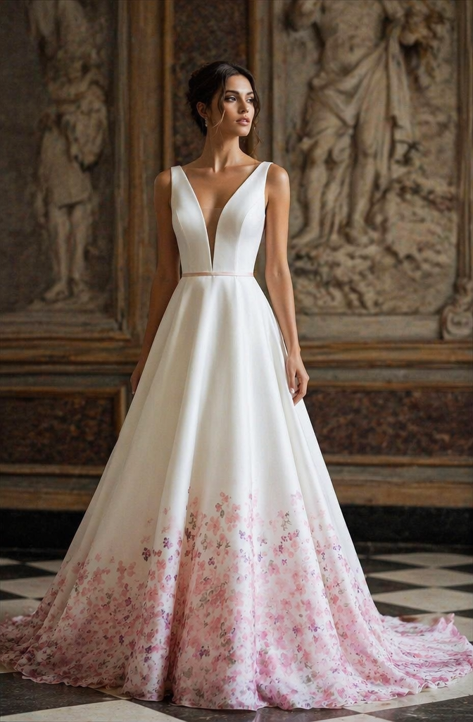 Ivory & Pink Floral Hem Deep V-Neck A-Line Wedding Dress with Open Back | Romantic Bridal Gown
