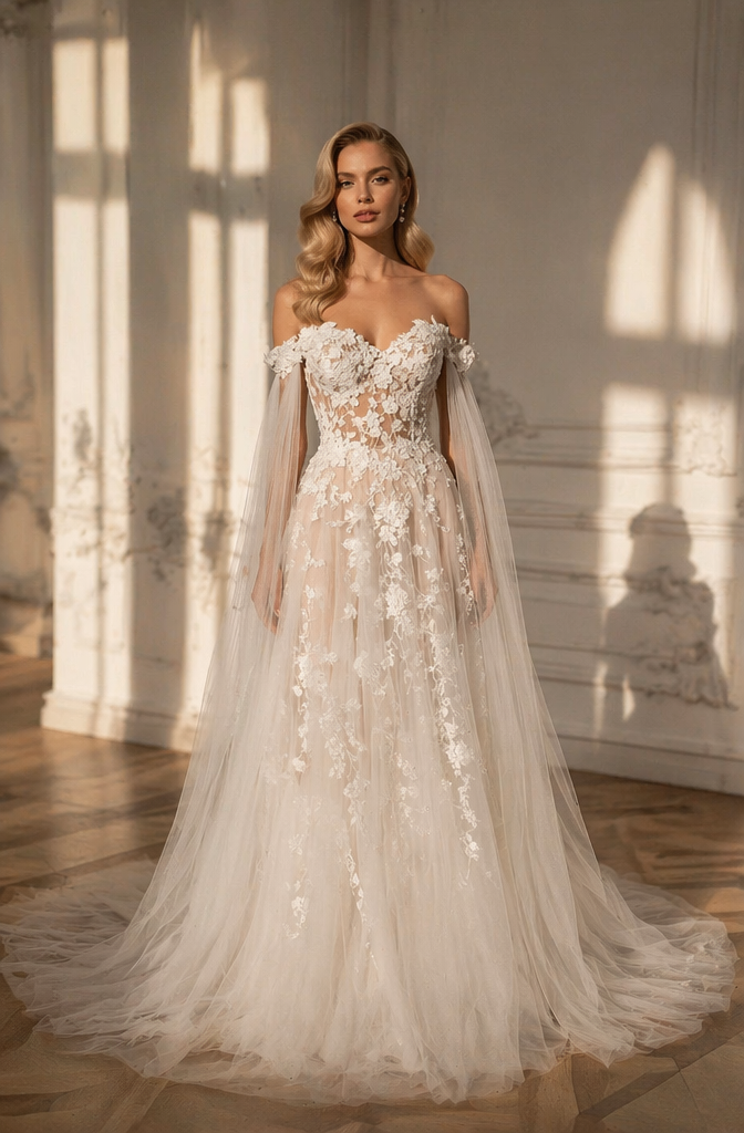 Champagne 3D Floral Lace Off-Shoulder A-Line Wedding Dress with Flowing Tulle Cape Sleeves | Ethereal Bridal Gown