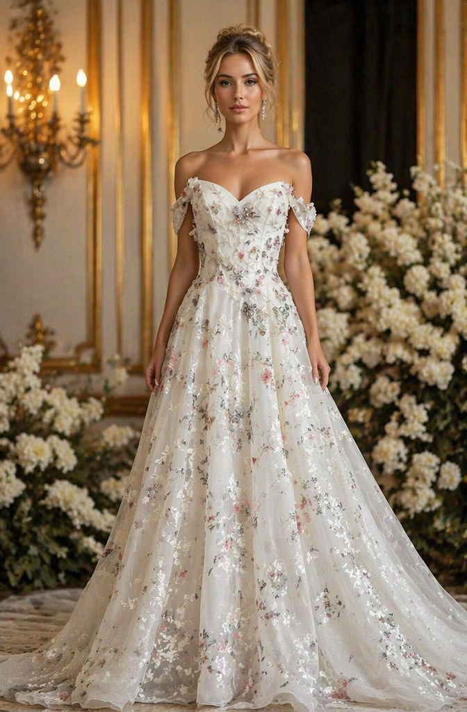 White Ditsy Floral Off-Shoulder A-Line Wedding Dress with Sweetheart Corset Bodice | Garden Bridal Gown