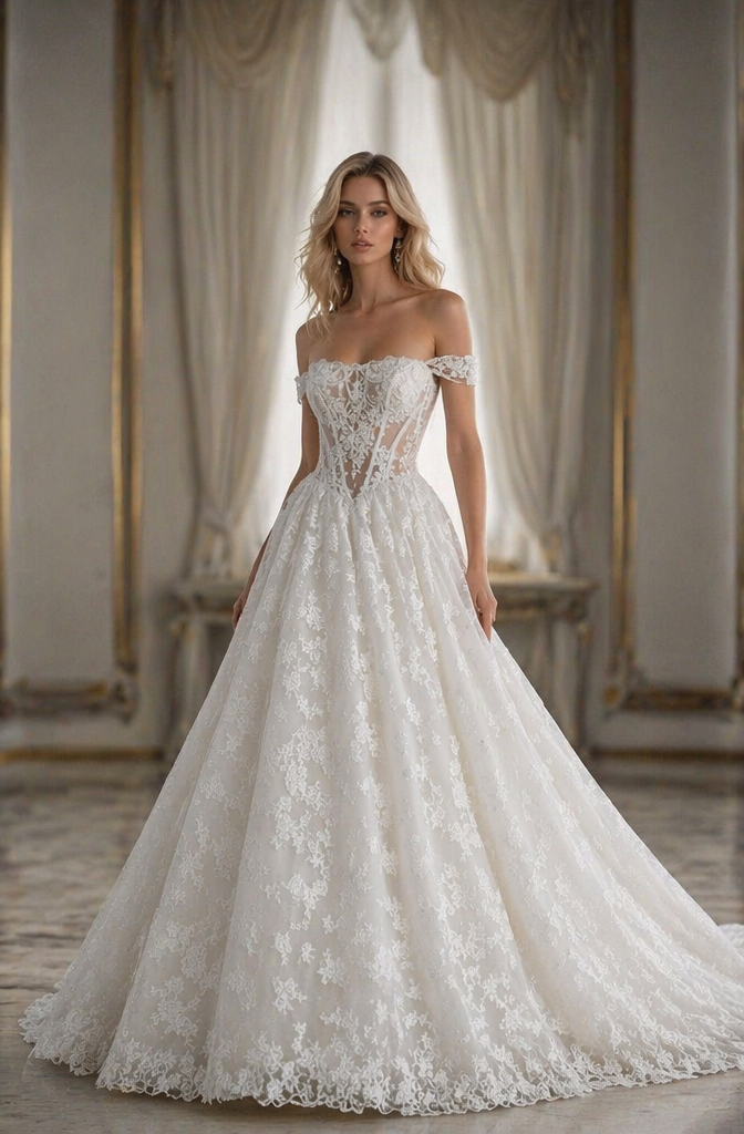 Ivory All-Over Lace Off-Shoulder Ball Gown Wedding Dress with Sheer Corset Bodice | Couture Bridal Gown