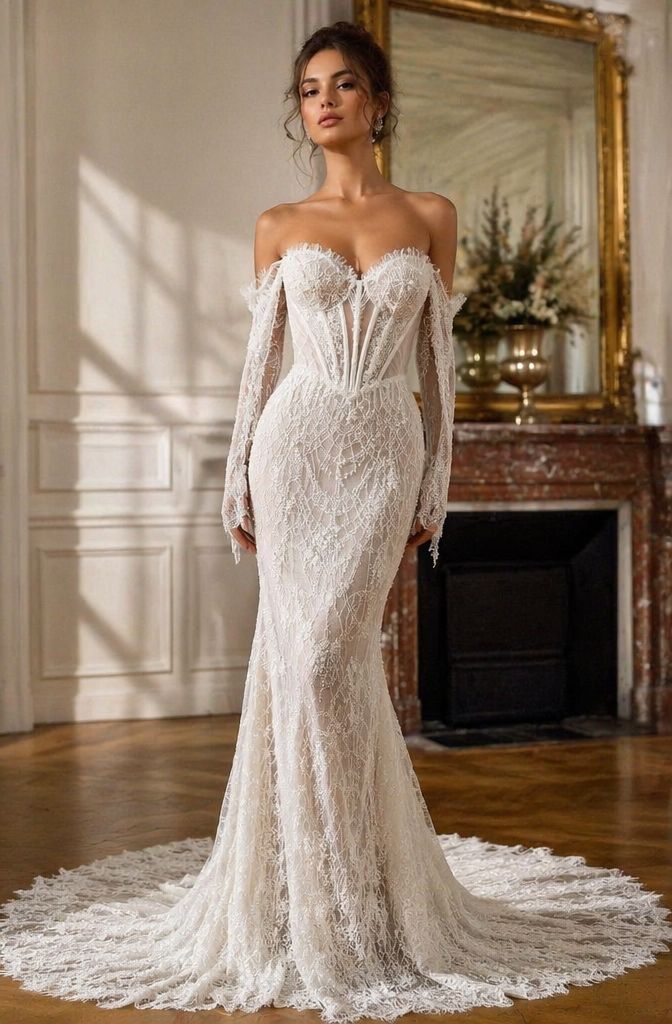 Ivory All-Over Lace Off-Shoulder Mermaid Wedding Dress with Sheer Corset Bodice & Long Sleeves | Couture Bridal Gown