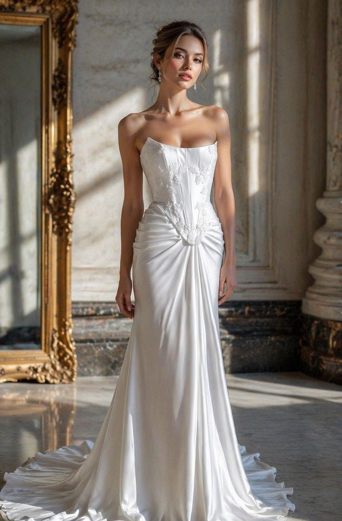 White Satin Strapless Mermaid Wedding Dress with Lace Corset Bodice & Ruched Skirt | Minimalist Bridal Gown