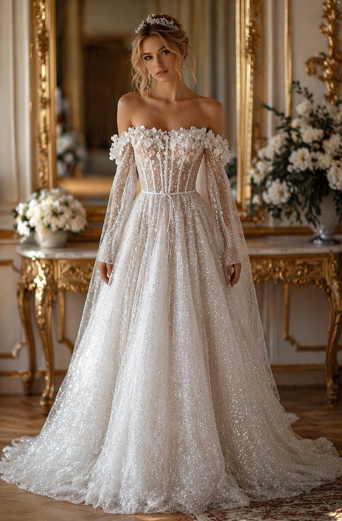 Ivory Glitter Sequin Off-Shoulder A-Line Wedding Dress with 3D Floral Corset & Long Sleeves | Princess Bridal Gown