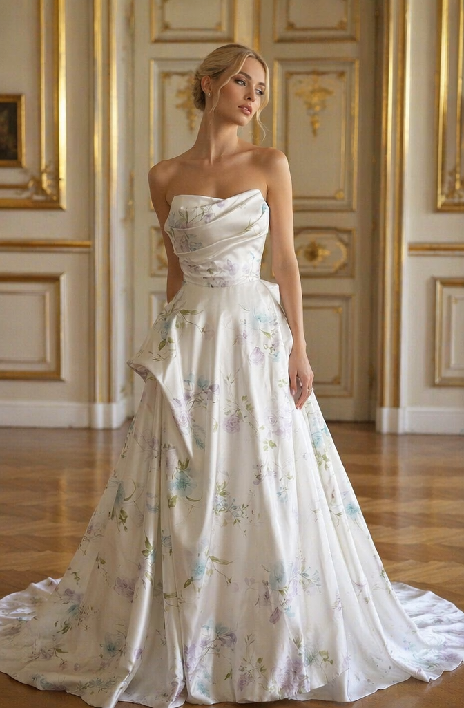 White Floral Print Strapless A-Line Wedding Dress with Cathedral Train | Bridal Formal Gown