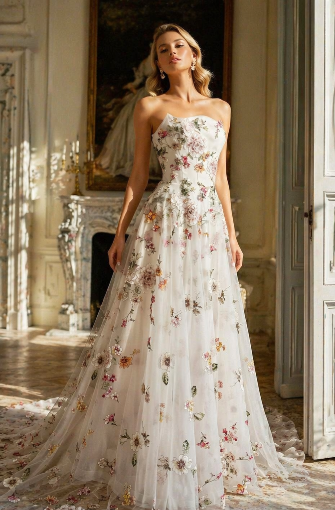 White Colorful Floral Embroidered Strapless A-Line Wedding Dress with Cathedral Train | Garden Party Bridal Gown