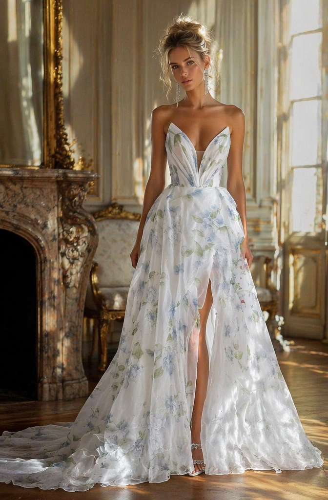 White Blue Watercolor Floral Strapless Deep V A-Line Wedding Dress with High Slit & Open Back | Romantic Bridal Gown
