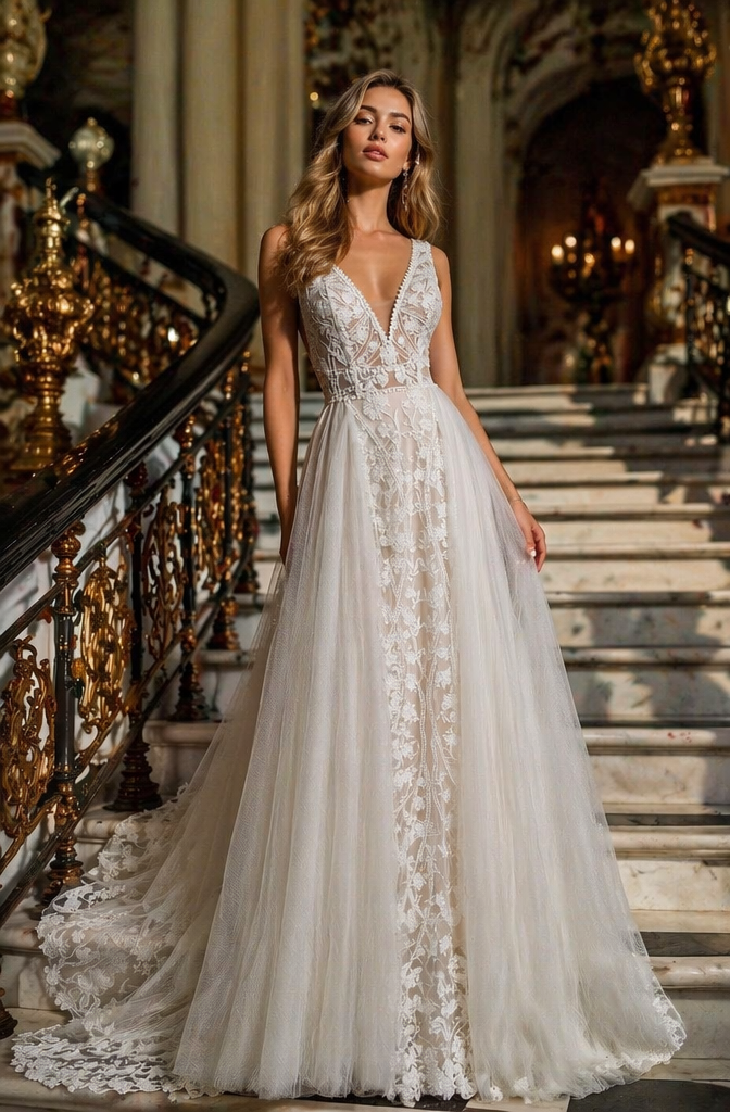 Ivory Lace Appliqué Deep V-Neck A-Line Wedding Dress with Open Back | Boho Bridal Gown