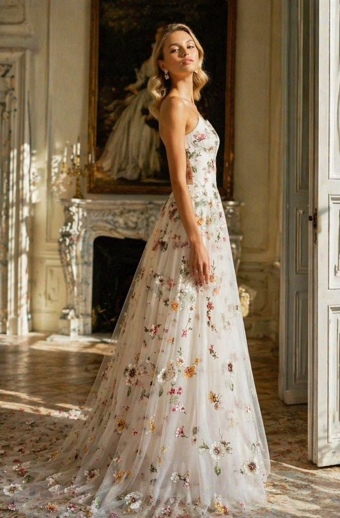 White Colorful Floral Embroidered Strapless A-Line Wedding Dress with Cathedral Train | Garden Party Bridal Gown