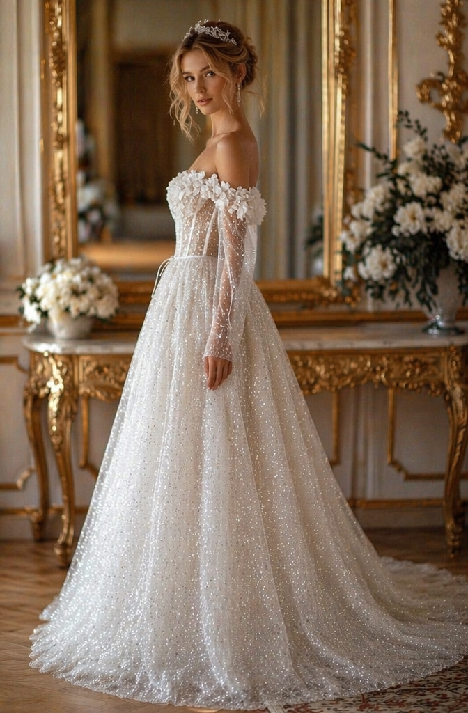 Ivory Glitter Sequin Off-Shoulder A-Line Wedding Dress with 3D Floral Corset & Long Sleeves | Princess Bridal Gown
