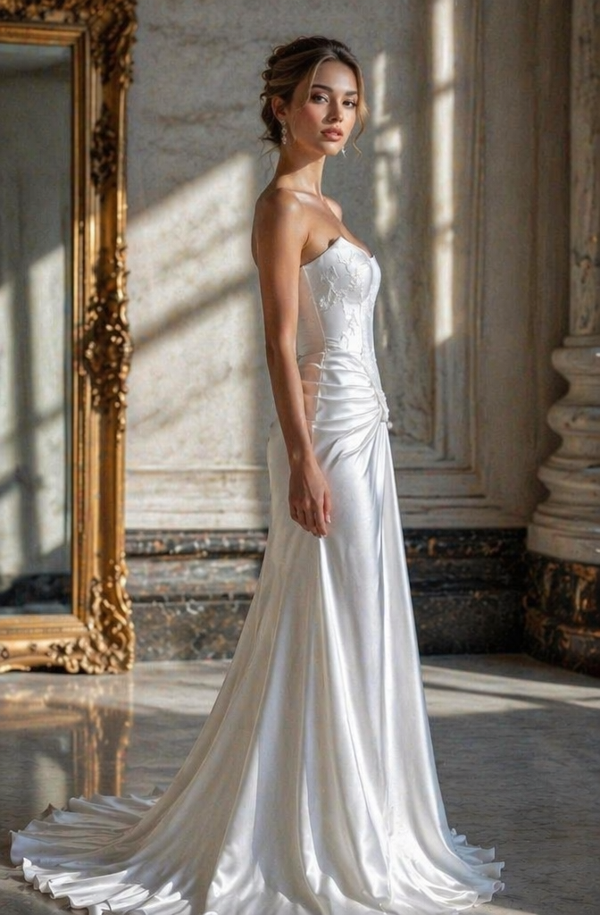 White Satin Strapless Mermaid Wedding Dress with Lace Corset Bodice & Ruched Skirt | Minimalist Bridal Gown