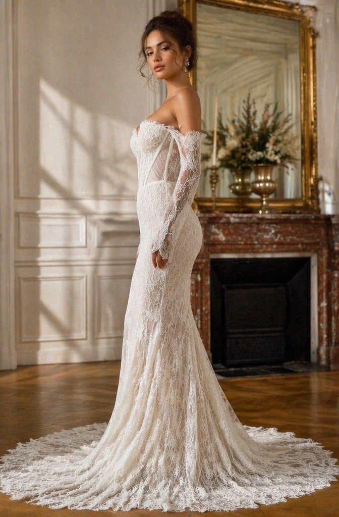 Ivory All-Over Lace Off-Shoulder Mermaid Wedding Dress with Sheer Corset Bodice & Long Sleeves | Couture Bridal Gown