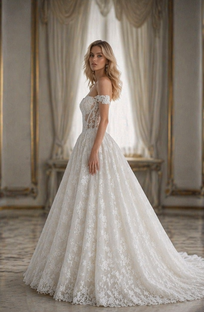 Ivory All-Over Lace Off-Shoulder Ball Gown Wedding Dress with Sheer Corset Bodice | Couture Bridal Gown