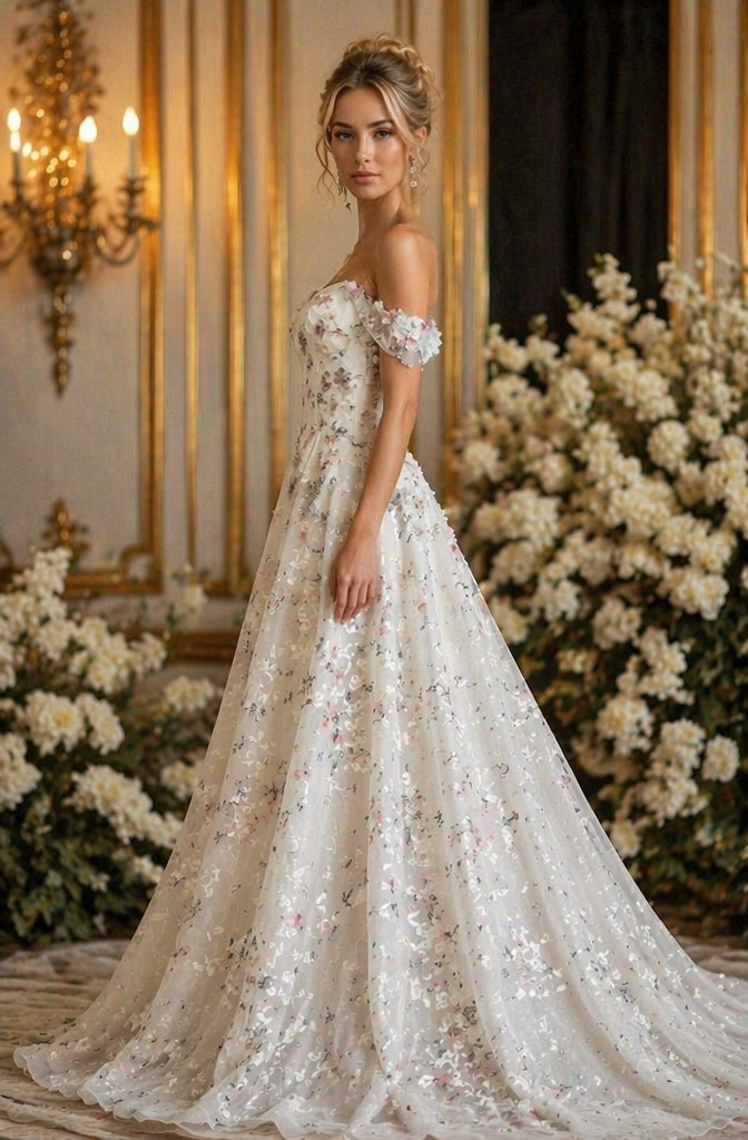 White Ditsy Floral Off-Shoulder A-Line Wedding Dress with Sweetheart Corset Bodice | Garden Bridal Gown