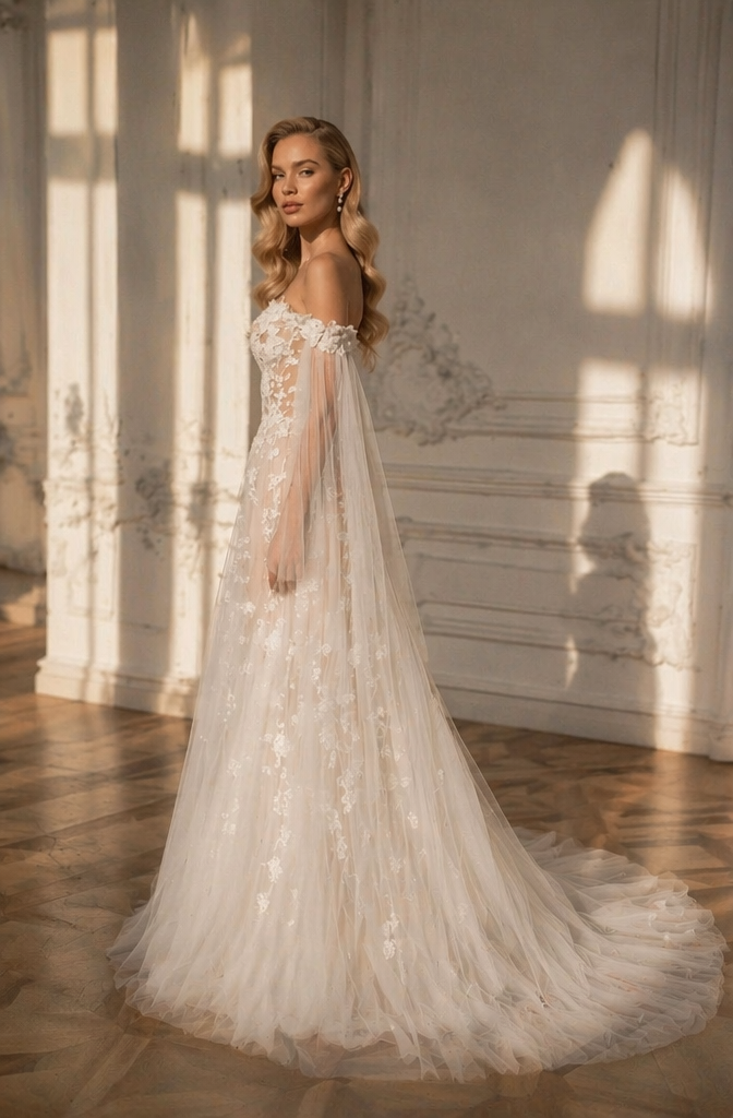 Champagne 3D Floral Lace Off-Shoulder A-Line Wedding Dress with Flowing Tulle Cape Sleeves | Ethereal Bridal Gown