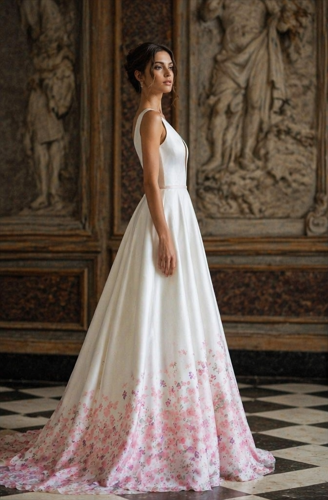 Ivory & Pink Floral Hem Deep V-Neck A-Line Wedding Dress with Open Back | Romantic Bridal Gown