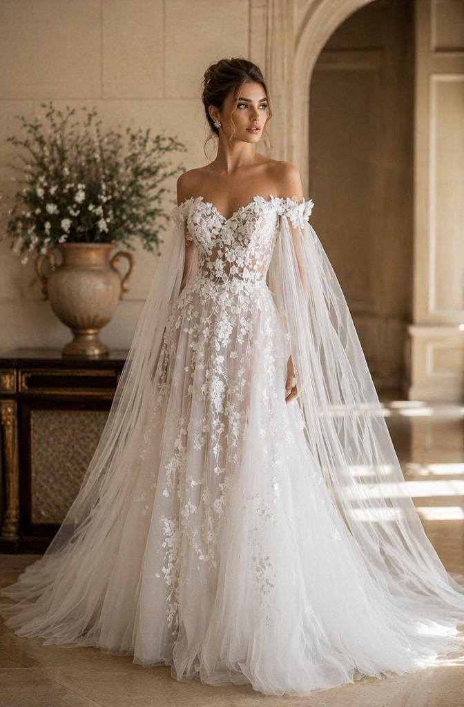 Ivory 3D Floral Lace Off-Shoulder A-Line Wedding Dress with Tulle Cape Sleeves | Fairy Bridal Gown
