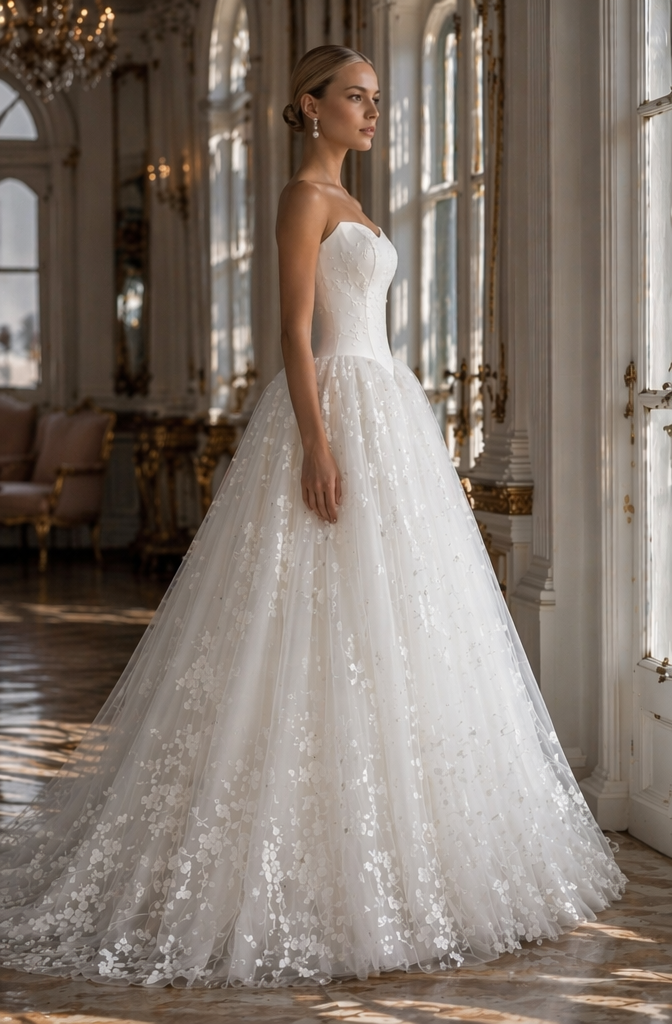 Ivory Floral Lace Strapless Ball Gown Wedding Dress with Sweetheart Corset Bodice | Princess Bridal Gown