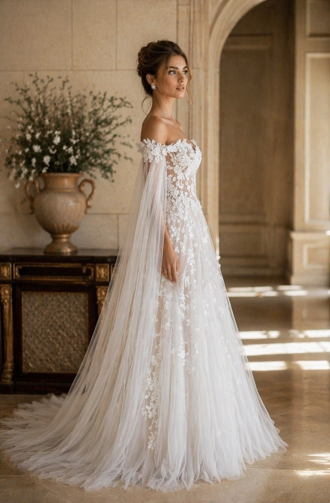 Ivory 3D Floral Lace Off-Shoulder A-Line Wedding Dress with Tulle Cape Sleeves | Fairy Bridal Gown
