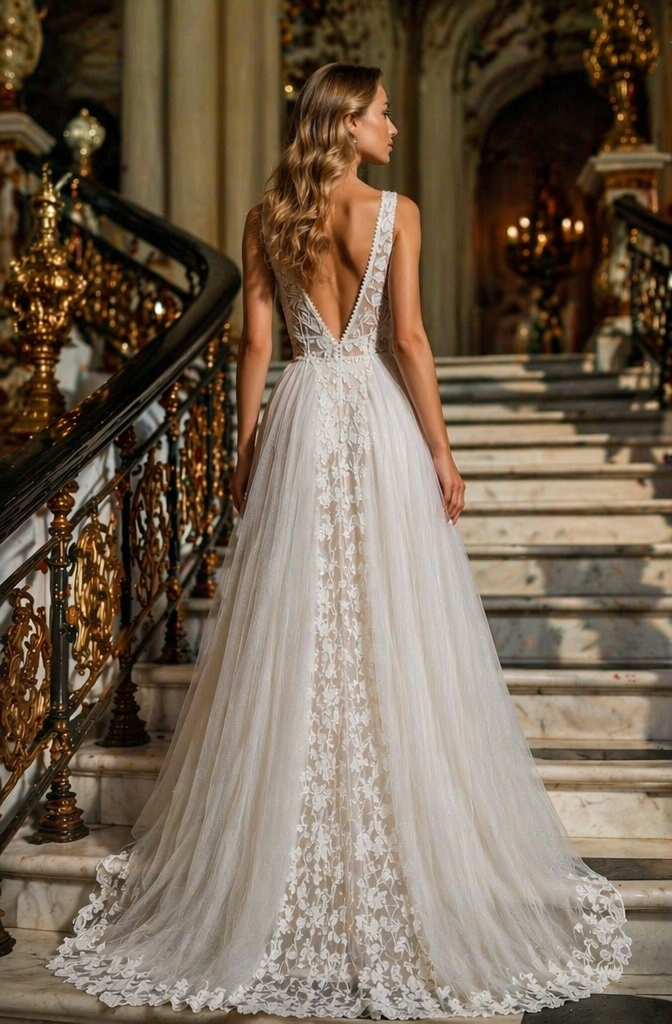 Ivory Lace Appliqué Deep V-Neck A-Line Wedding Dress with Open Back | Boho Bridal Gown