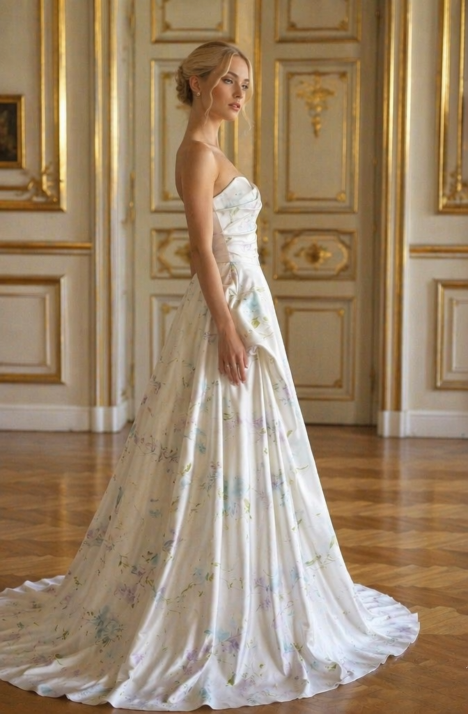 White Floral Print Strapless A-Line Wedding Dress with Cathedral Train | Bridal Formal Gown