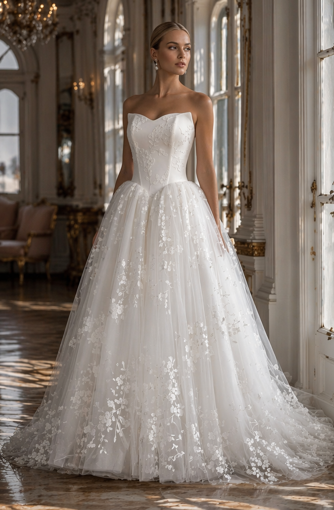Ivory Floral Lace Strapless Ball Gown Wedding Dress with Sweetheart Corset Bodice | Princess Bridal Gown