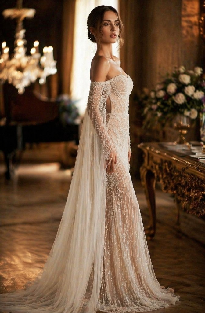 Ivory Pearl Beaded Off-Shoulder Mermaid Wedding Dress with Cape Sleeves | Bridal Dress