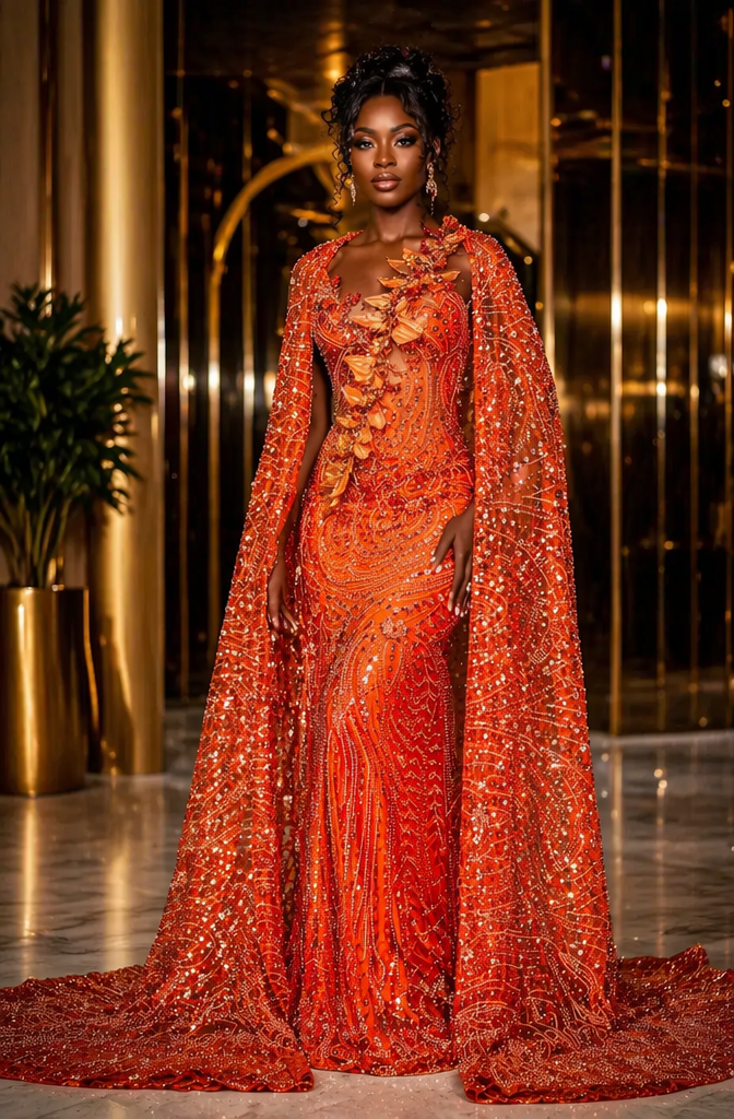 Flame Ember Off Shoulder Sequin Beaded Mermaid Prom Dress with 3D Floral Details