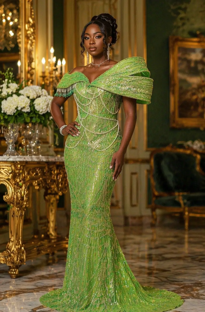 Emerald Green Off Shoulder Sequin Beaded Mermaid Prom Dress with Fringe Details