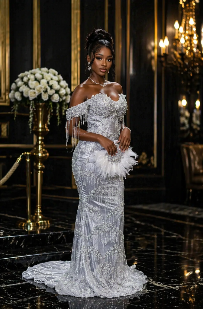 Silver Crystal Off Shoulder Sequin Beaded Mermaid Prom Dress with Fringe Details