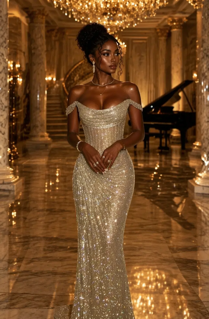 Champagne Gold Off Shoulder Sequin Glitter Mermaid Prom Dress
