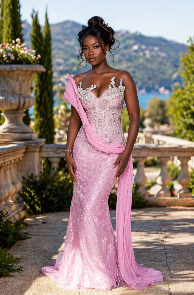 Blush Pink Strapless Crystal Beaded Mermaid Prom Dress with Chiffon Wrap
