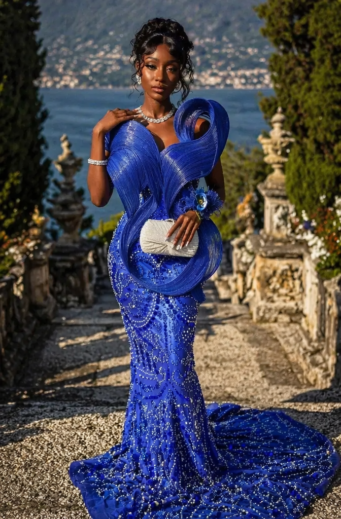 Royal Blue Sculptural Ruffle Off Shoulder Crystal Beaded Mermaid Prom Dress