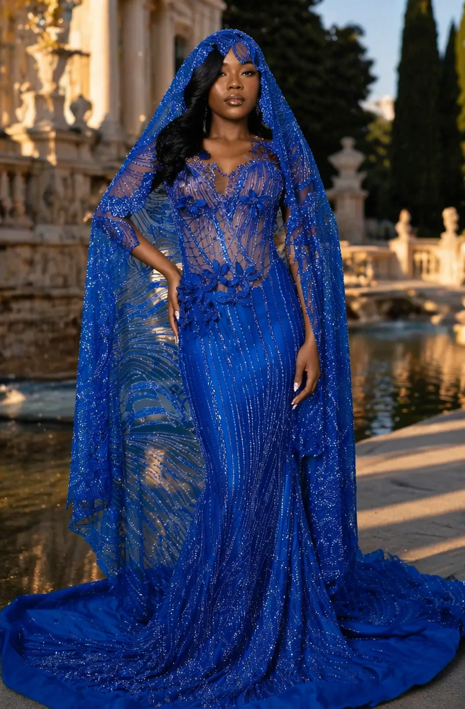 Royal Blue Glitter Sequin Hooded Cape Sheer Illusion Mermaid Prom Dress