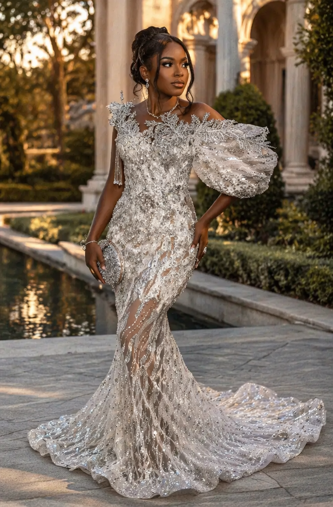 Ivory Silver Crystal Branch Beaded Sheer Illusion Mermaid Prom Dress with Puff Sleeves