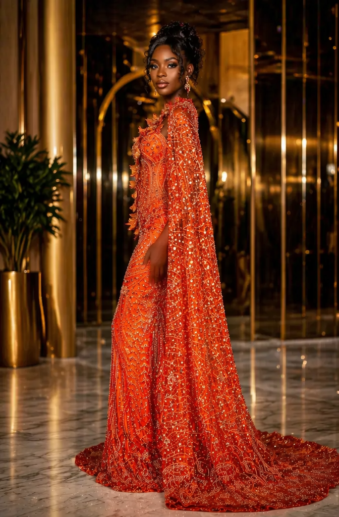 Flame Ember Off Shoulder Sequin Beaded Mermaid Prom Dress with 3D Floral Details
