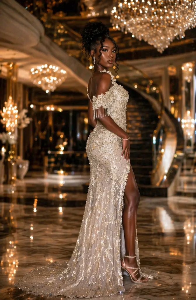 Golden Champagne Off Shoulder Sequin Beaded Mermaid Prom Dress with Fringe Details