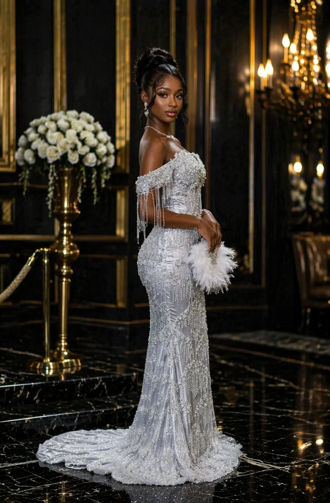Silver Crystal Off Shoulder Sequin Beaded Mermaid Prom Dress with Fringe Details