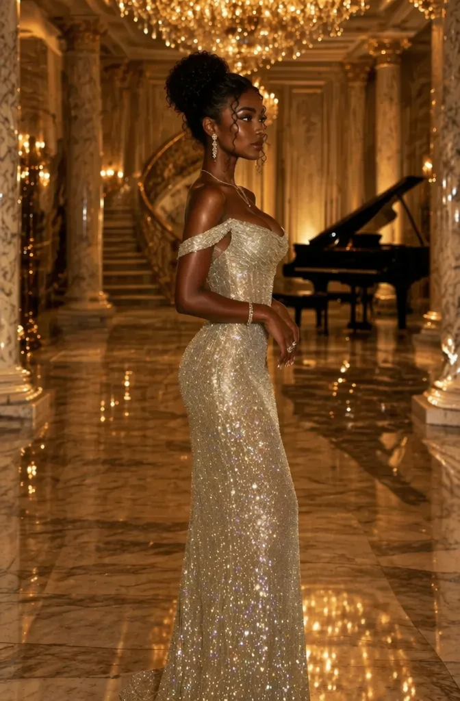 Champagne Gold Off Shoulder Sequin Glitter Mermaid Prom Dress