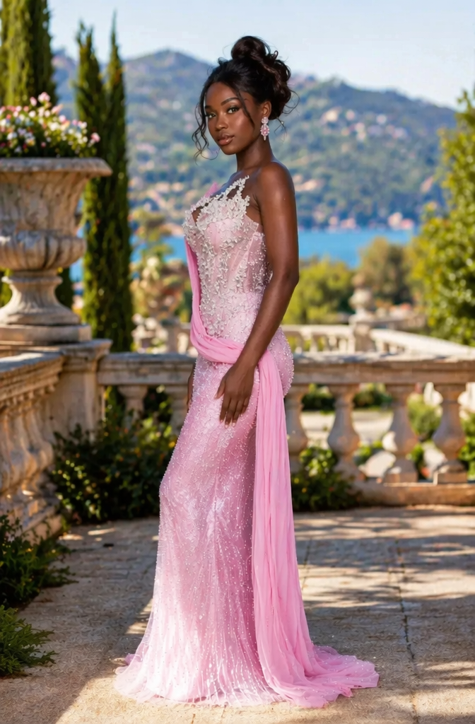Blush Pink Strapless Crystal Beaded Mermaid Prom Dress with Chiffon Wrap