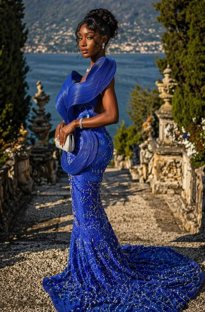 Royal Blue Sculptural Ruffle Off Shoulder Crystal Beaded Mermaid Prom Dress