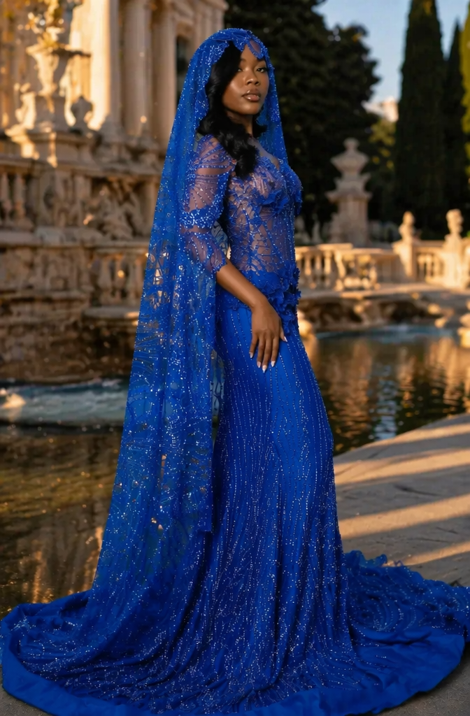 Royal Blue Glitter Sequin Hooded Cape Sheer Illusion Mermaid Prom Dress