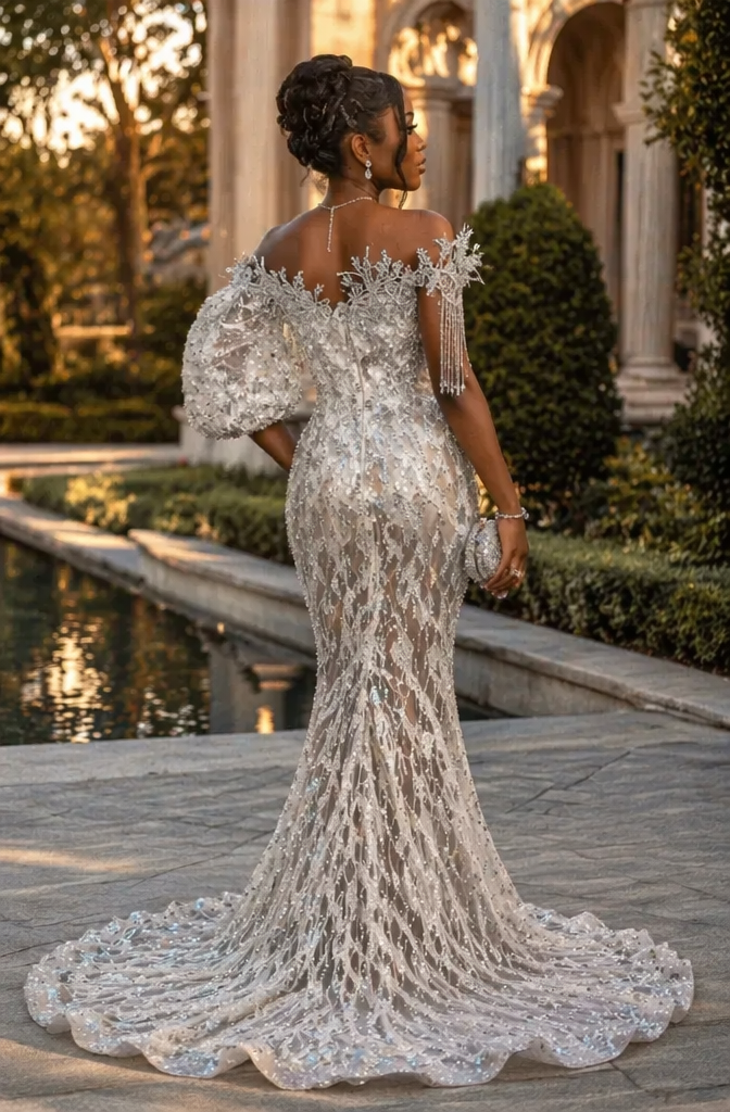 Ivory Silver Crystal Branch Beaded Sheer Illusion Mermaid Prom Dress with Puff Sleeves