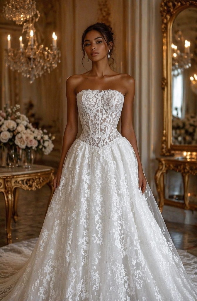 Strapless Sheer Lace Corset A-Line Wedding Dress - Front View