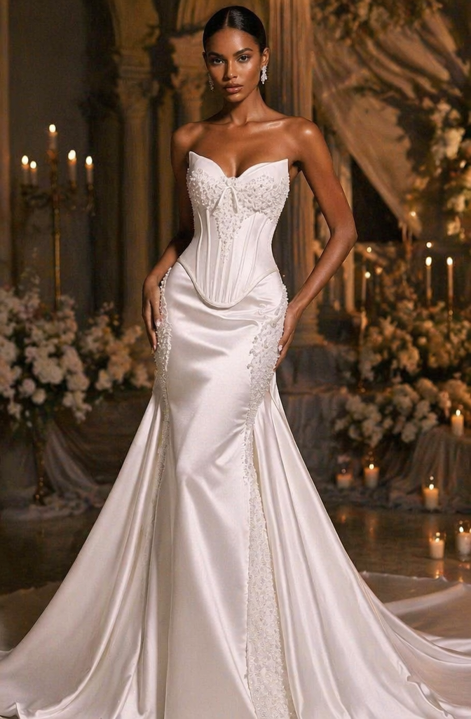 Strapless Satin Corset Mermaid Wedding Dress with Pearl Lace Embroidery - Front View