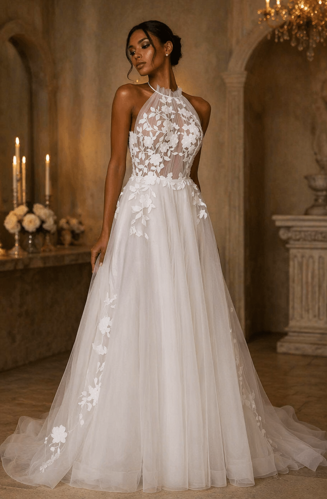 Halter Neck Sheer Lace Bodice A-Line Wedding Dress with 3D Floral Tulle Skirt - Front View