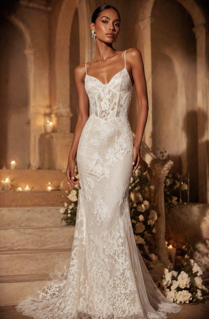 Spaghetti Strap All-Over Lace Mermaid Wedding Dress - Front View