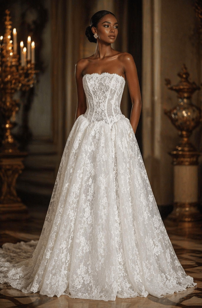 Strapless Floral Lace A-Line Wedding Dress - Front View
