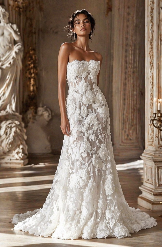 Strapless 3D Floral Appliqué Fit-and-Flare Wedding Dress - Front View