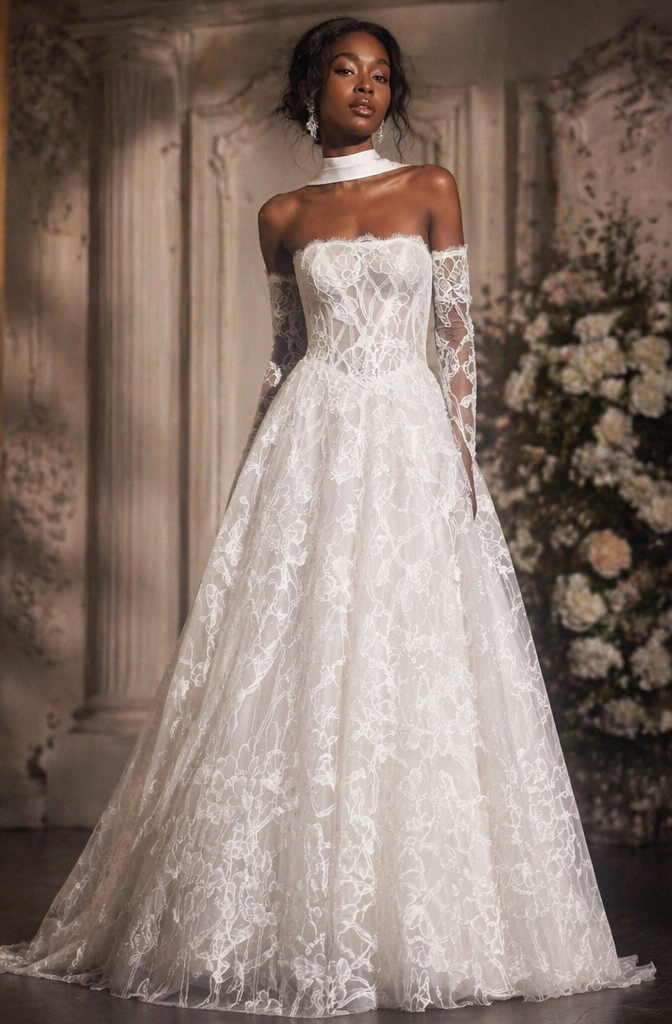 Off-Shoulder Lace A-Line Wedding Dress with Choker & Detachable Sleeves - Front View