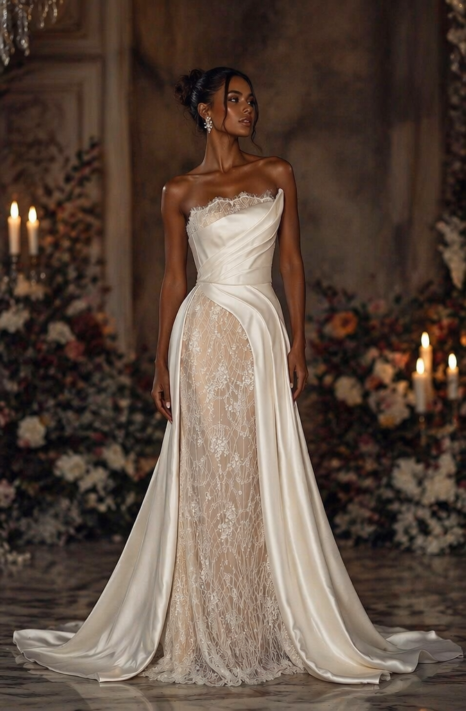 Strapless Satin & Lace Overlay A-Line Wedding Dress - Front View